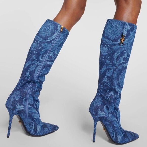 Versace T.110 110MM Floral Denim Pointed Boots size 38 - Picture 2 of 16